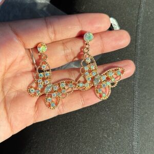Gold Butterfly Earrings With Iridescent Rhinestones New!